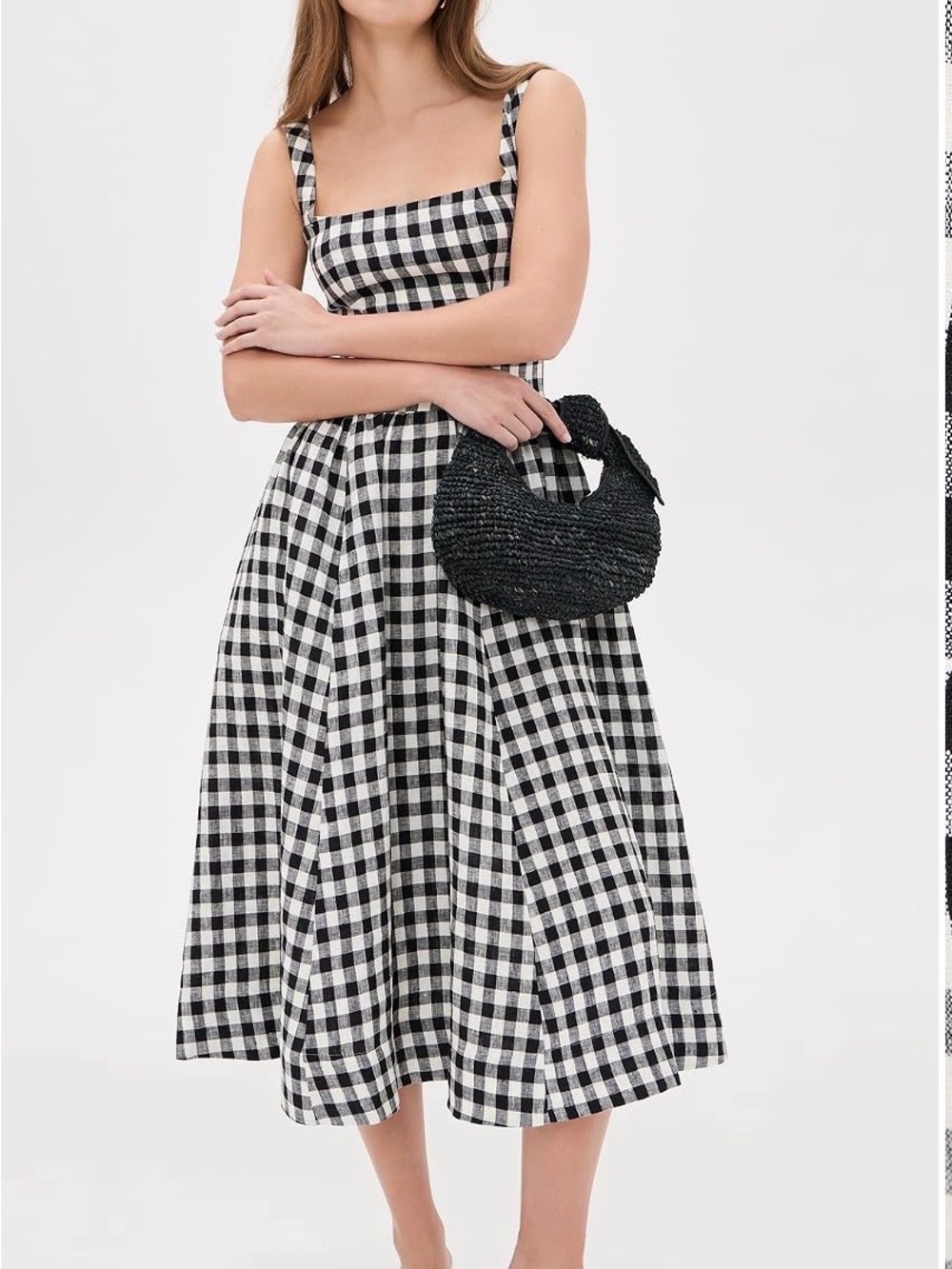 Reformation Janu Linen Black & White Gingham Fit-and-Flare Midi Dress